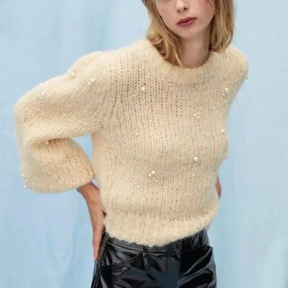 ARITZIA WILFRED Le Fou Shimmy Sweater Pearl Gisele Alpaca Wool Crew XS Aritzia - Picture 2 of 15